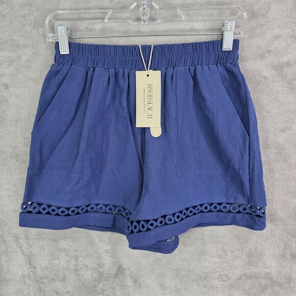 Womens Bsubseach Navy Blue Cotton Shorts Eyelet Hem Elastic Waist 4" Inseam S - Picture 2 of 10